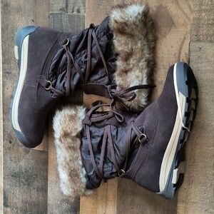 Lands End Brown Leather Faux Fur Winter Boots Sz 8.5 Women's